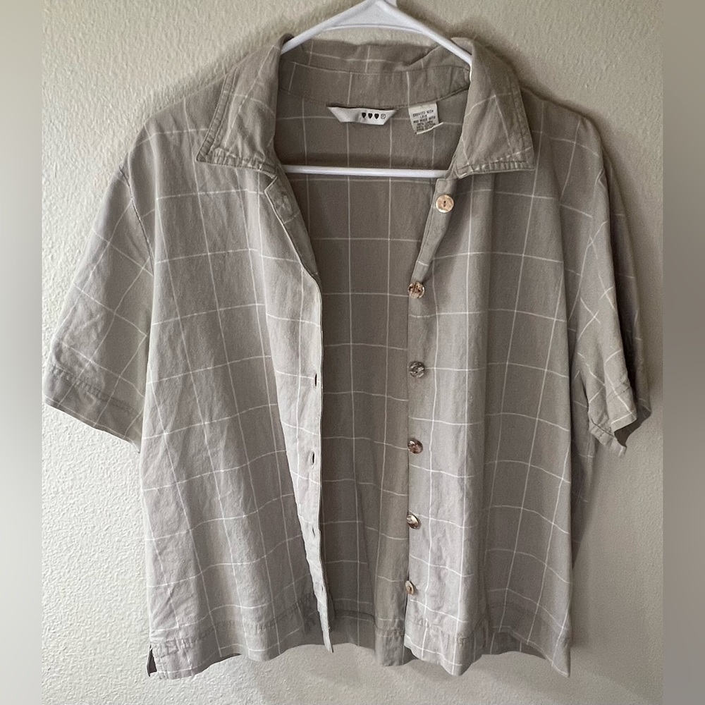 Three Hearts Linen Cotton Blend Tan Button Up Shirt Window Pane Pattern Size L